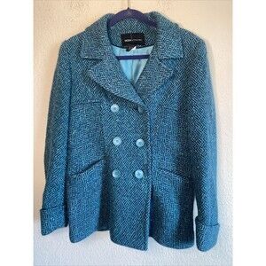 Moda Women Wool Blend teal Pea Coat M Jacket herringbone city modern
